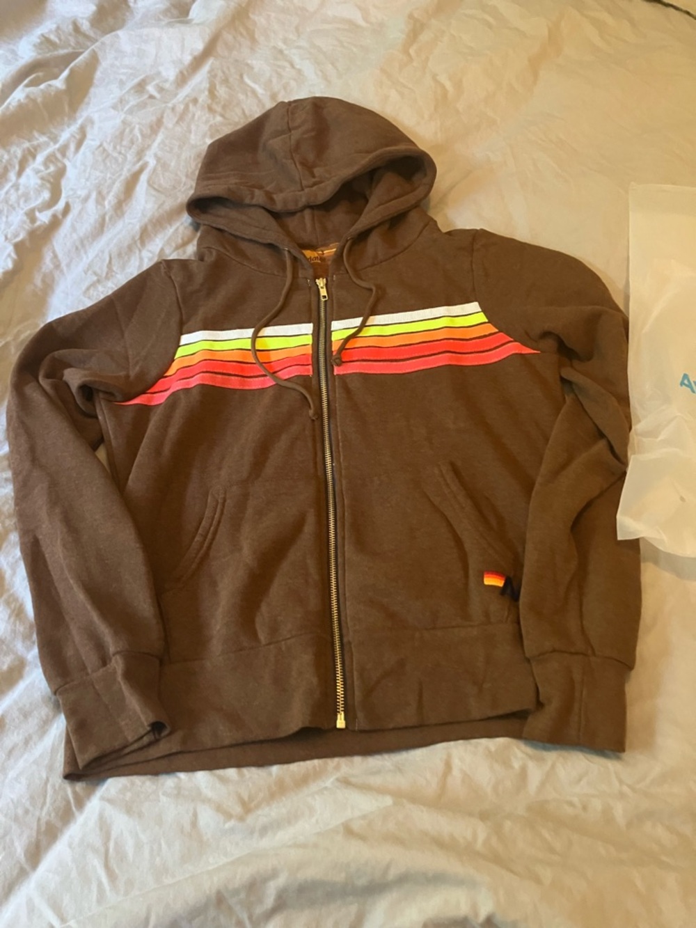 NWT Aviator Nation 5 Stripe Hoodie, Sz S, Chocolate Brown Neon Stripe